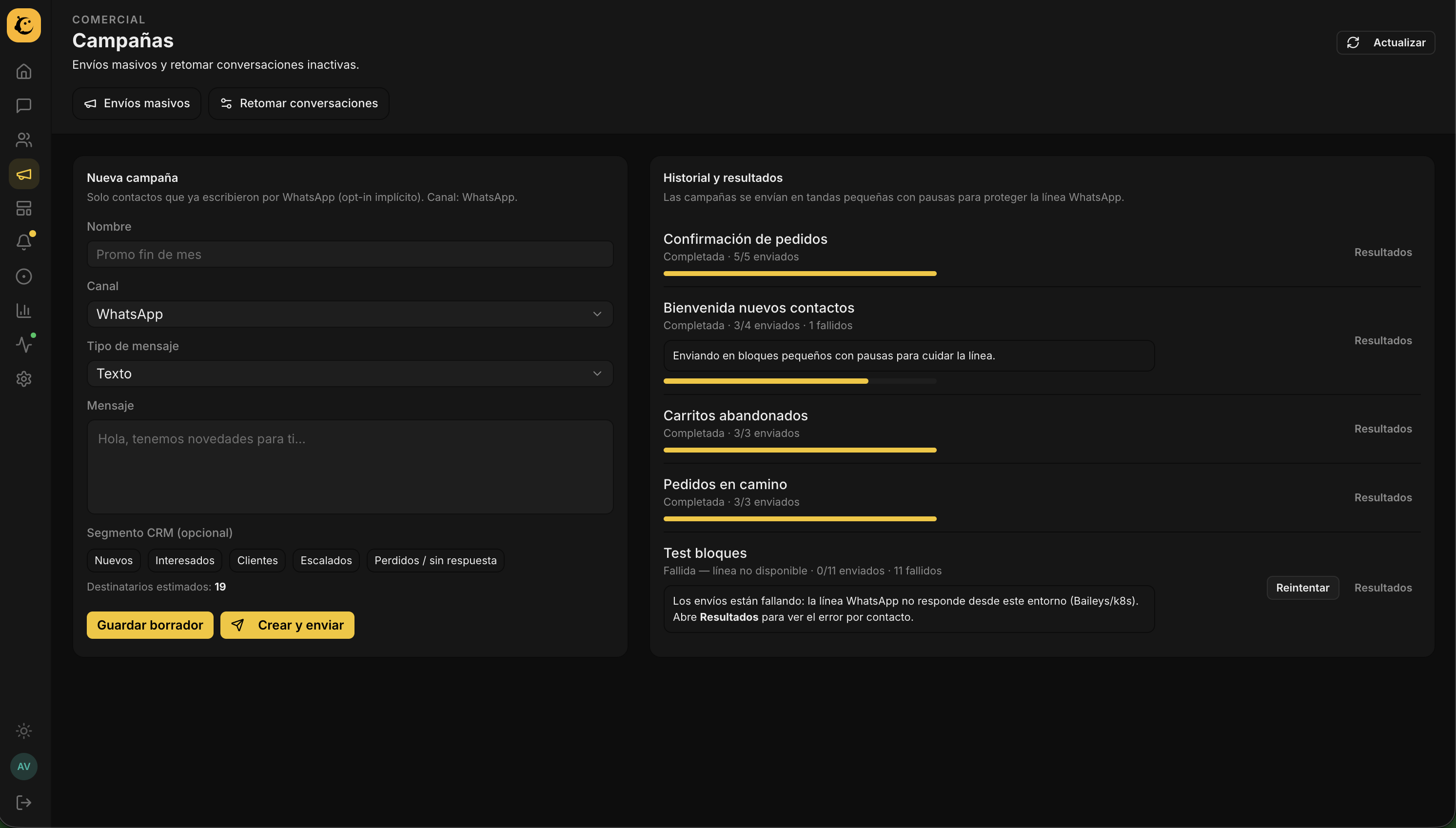 Campañas masivas con reporte en tiempo real