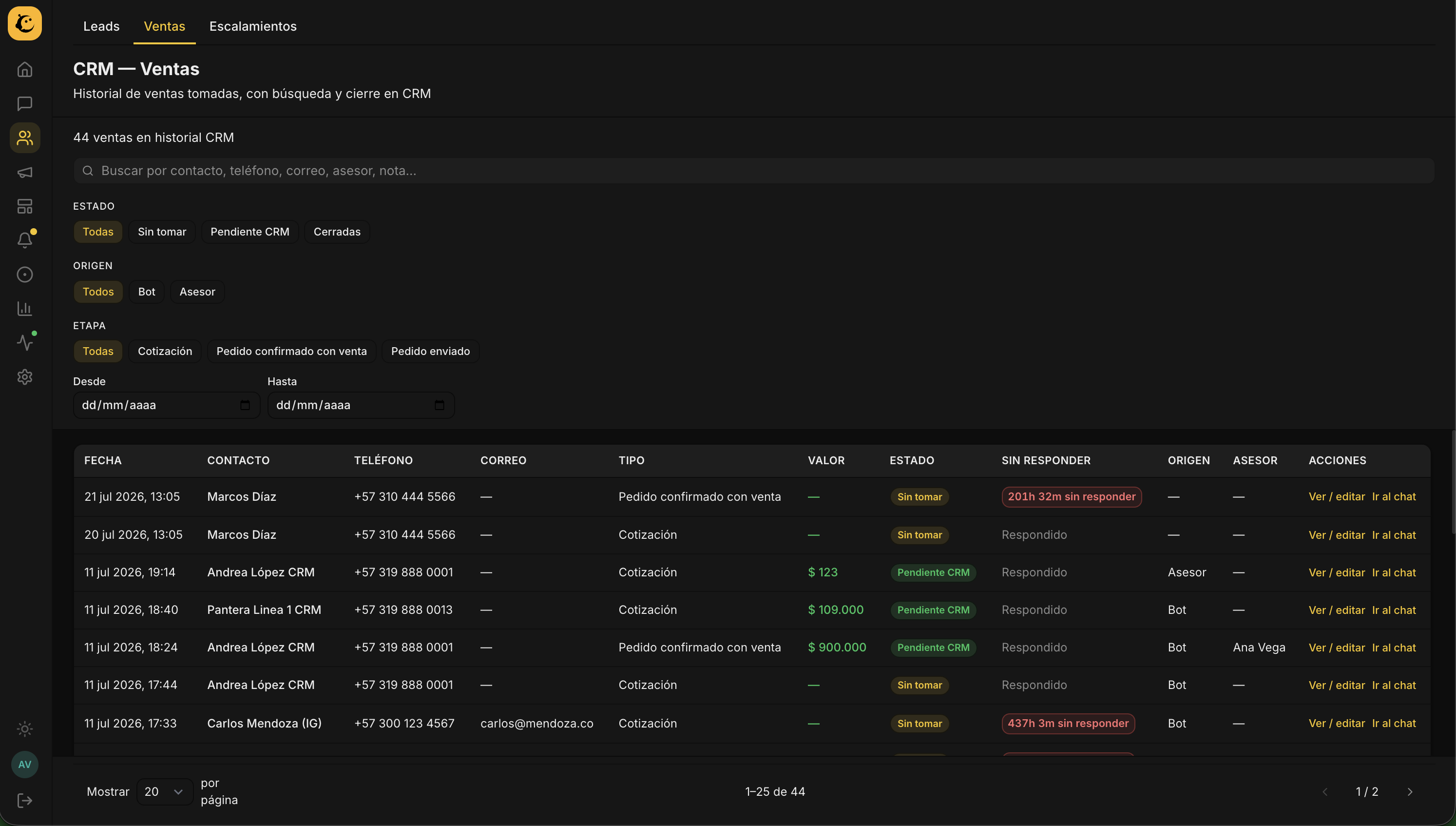CRM de ventas: historial de pedidos, etapas, valores y seguimiento en YellowMaker